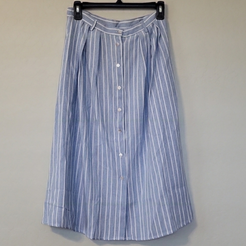 Everly Blue White Striped Midi Button Up Skirt A-Line Everyday Skirt Size M